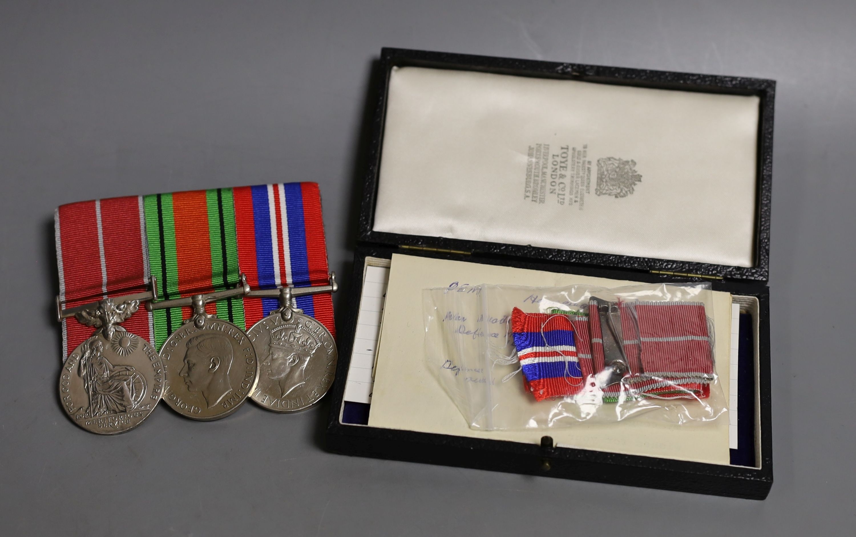 A London Home Guard British Empire medal awarded to Sergeant Montague G Bridge with his Second War Defence Medals, all un-named (3)